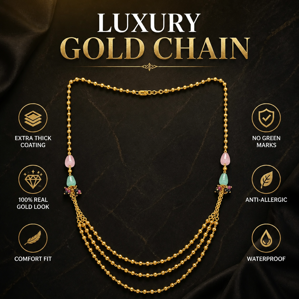 GOLD PLATED 3 LAYER CHAIN WITH ( pink and mint ) COLOR BEADS