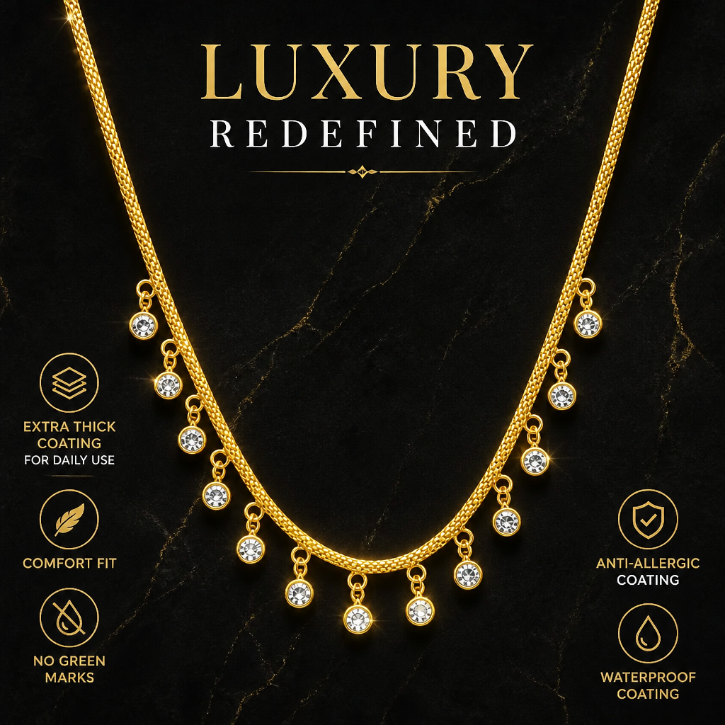 GOLD PLATED ROUND STONE CHARMS CHAIN (white crystals)