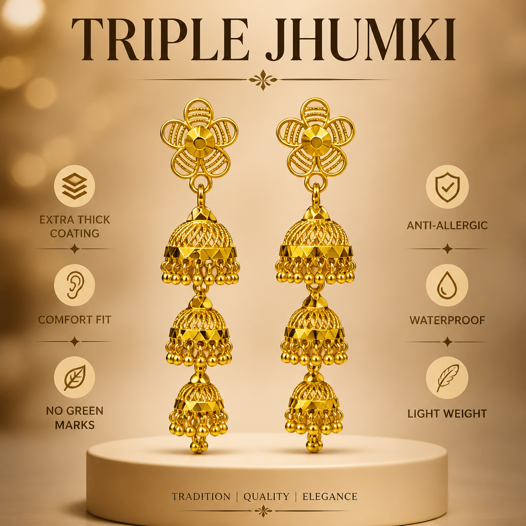 GOLD PLATED TRIPLE JHUMKI (medium size)