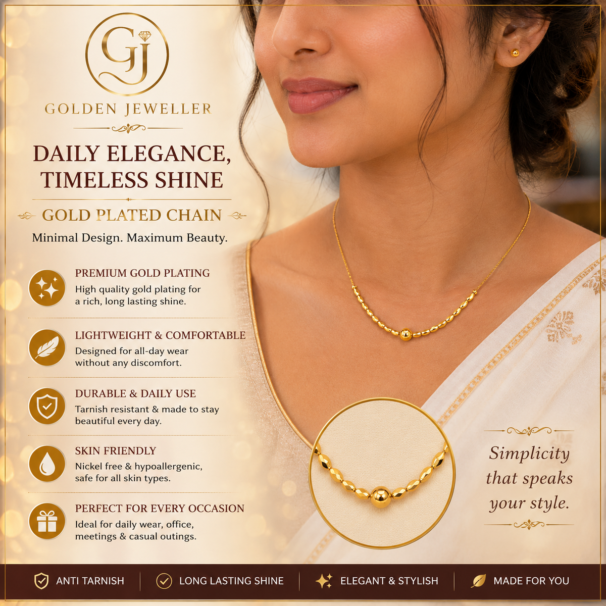 GOLD PLATED ROUND BALL SLEEK CHAIN