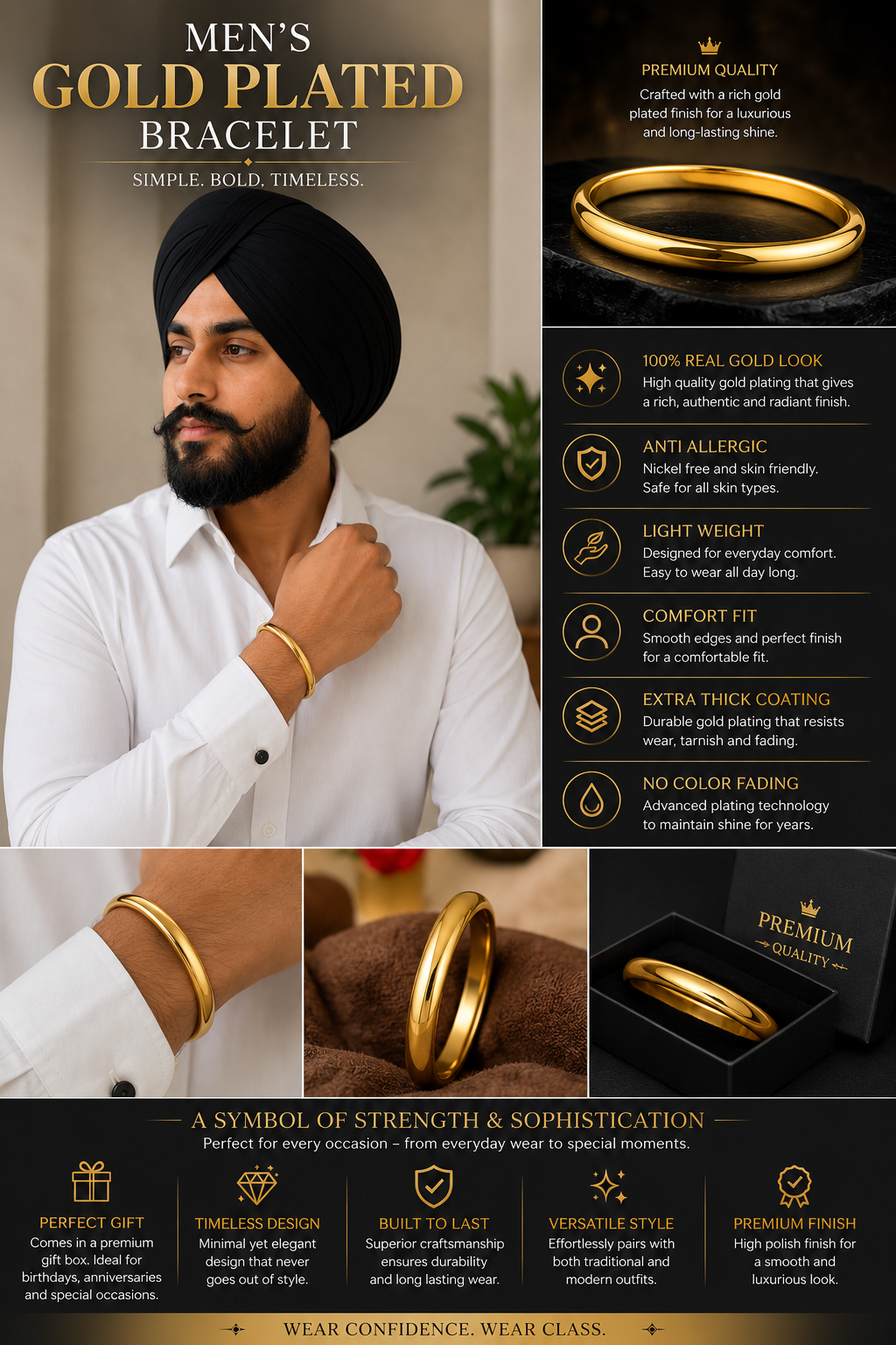 GOLD PLATED PLAIN MEN'S BRACLET (KARA)