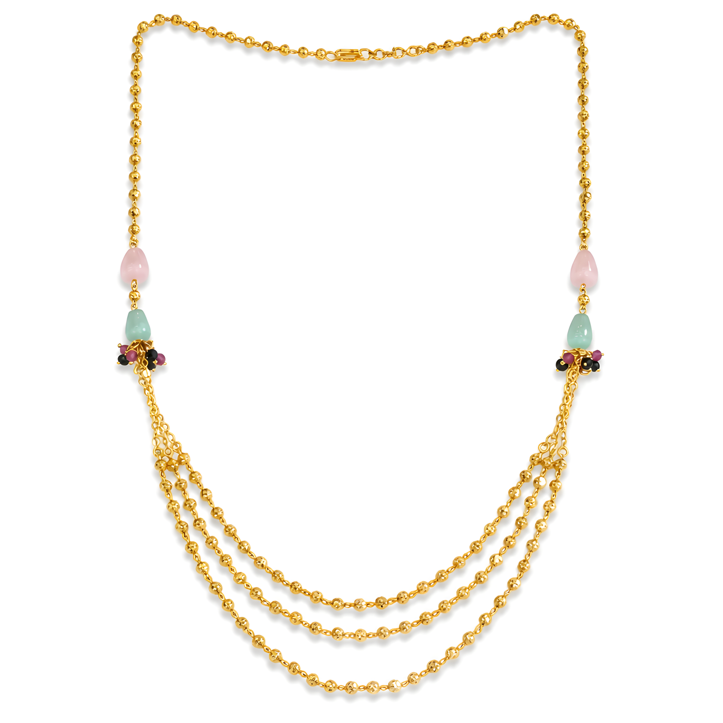 GOLD PLATED 3 LAYER CHAIN WITH ( pink and mint ) COLOR BEADS