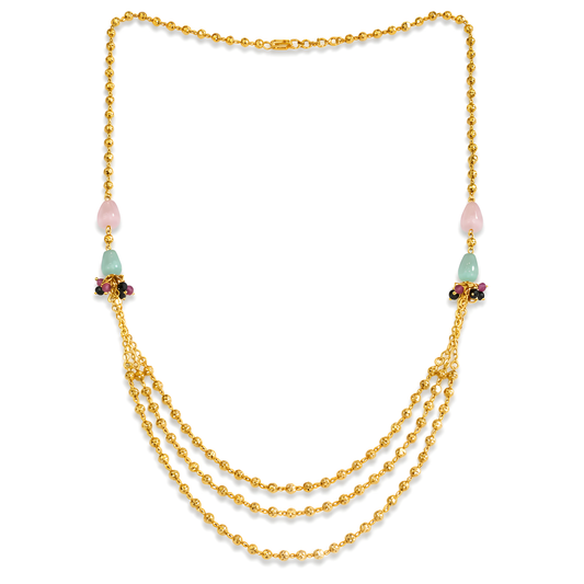 GOLD PLATED 3 LAYER CHAIN WITH ( pink and mint ) COLOR BEADS