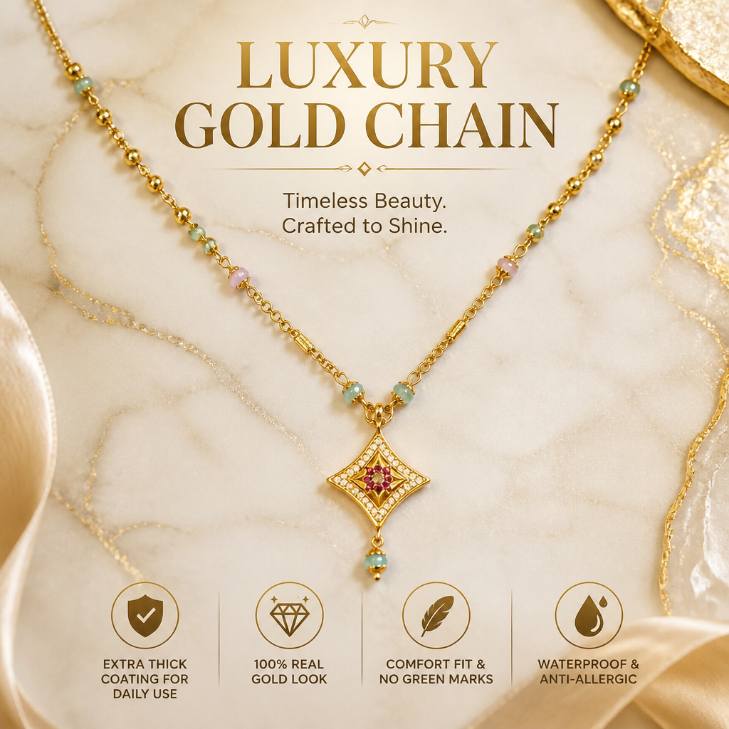 GOLD PLATED CHAIN WITH ( PINK AND MINT ) BEADS WITH SPARKLING PENDANT