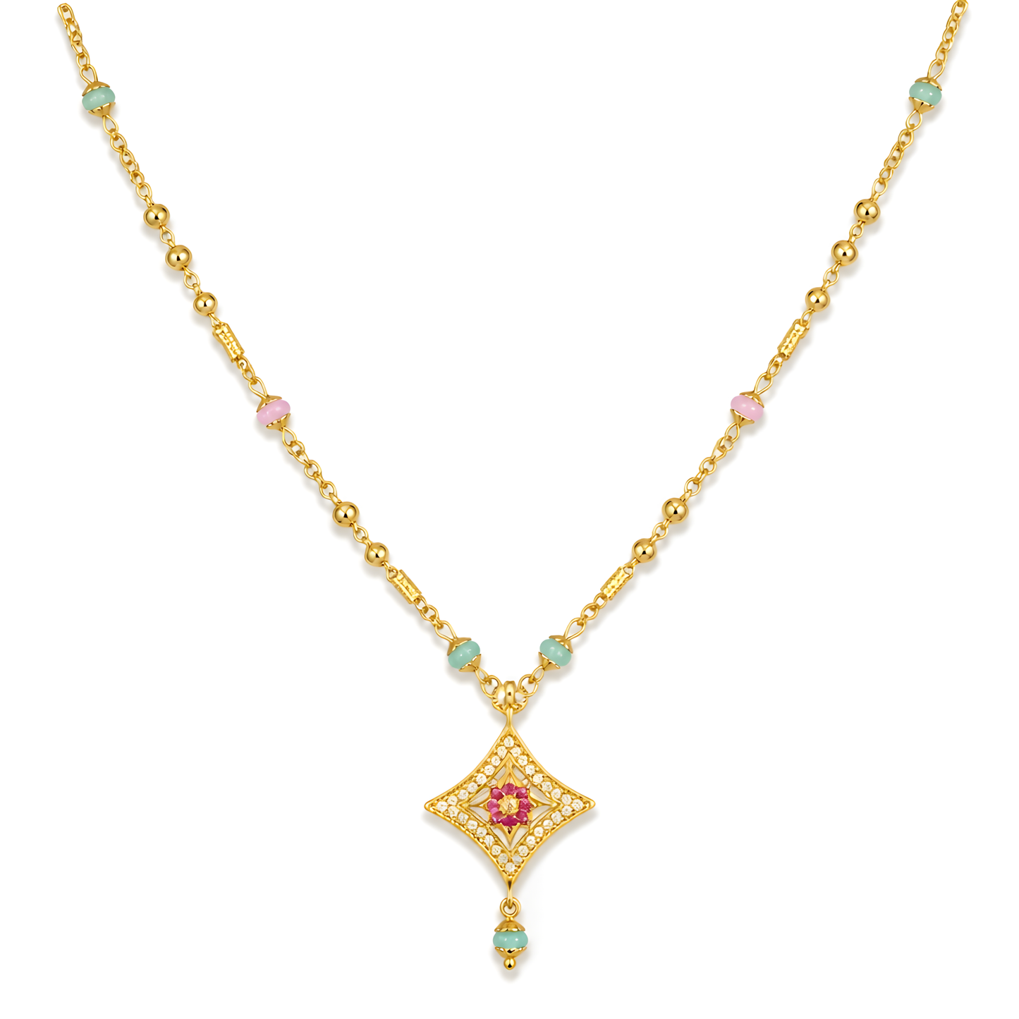 GOLD PLATED CHAIN WITH ( PINK AND MINT ) BEADS WITH SPARKLING PENDANT
