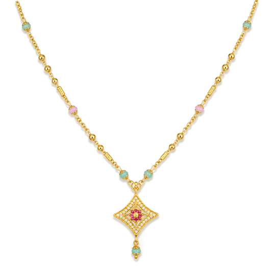 GOLD PLATED CHAIN WITH ( PINK AND MINT ) BEADS WITH SPARKLING PENDANT