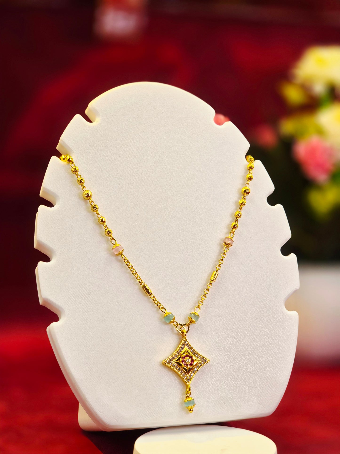 GOLD PLATED CHAIN WITH ( PINK AND MINT ) BEADS WITH SPARKLING PENDANT