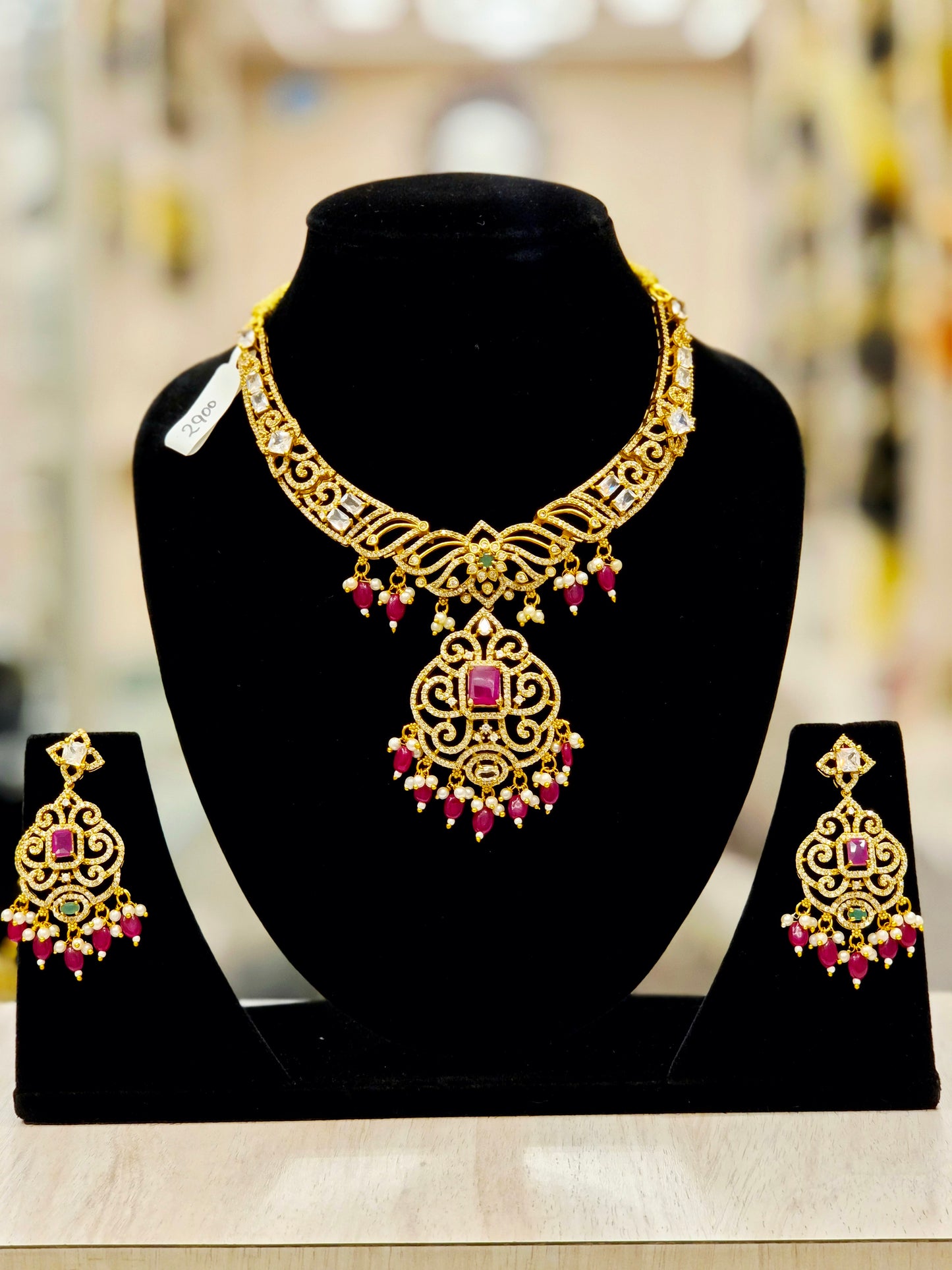 GOLD PLATED A.D AND (MAROON COLOR) BEADS AND STONES NECKLACE
