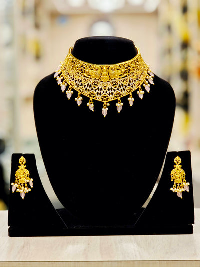 GOLD PLATED A.D TEMPLE CHOKER WITH  PINK BEADS