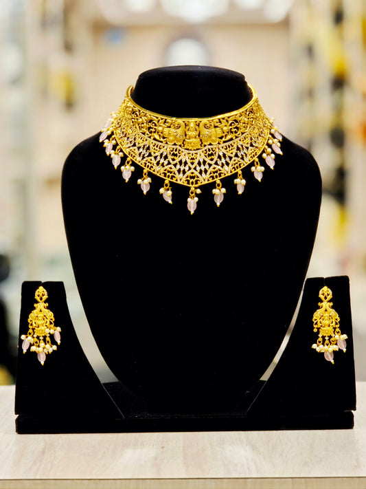GOLD PLATED A.D TEMPLE CHOKER WITH  PINK BEADS