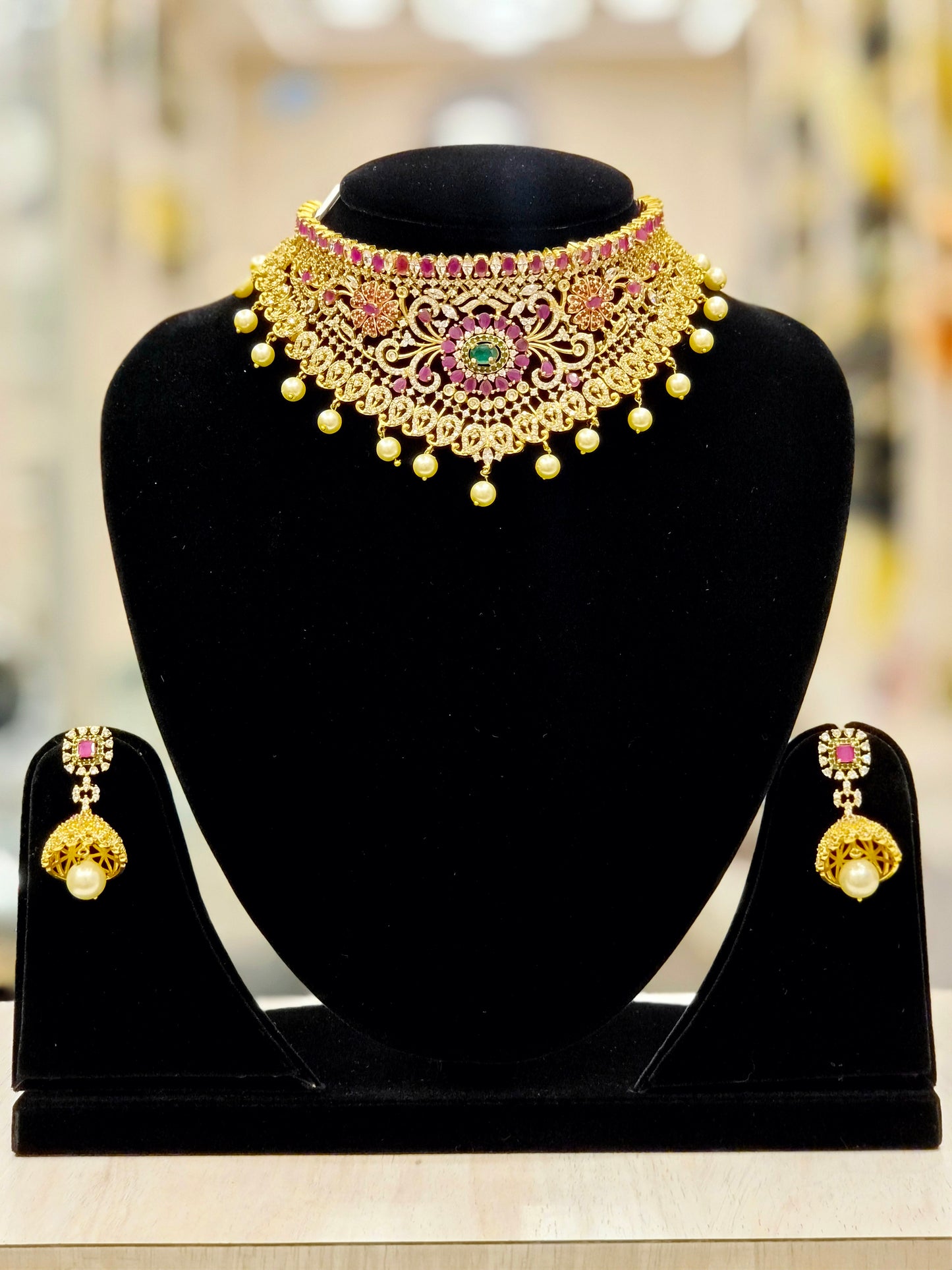 GOLD PLATED A.D TRADITIONAL CHOCKER SET (green and red) STONES WITH WHITE HANGING PEARLS