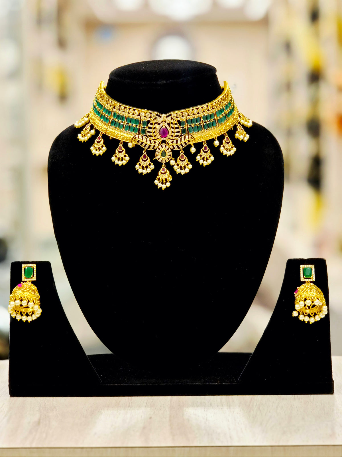 GOLD PLATED A.D AND STONES CHOKER SET (green and maroon)