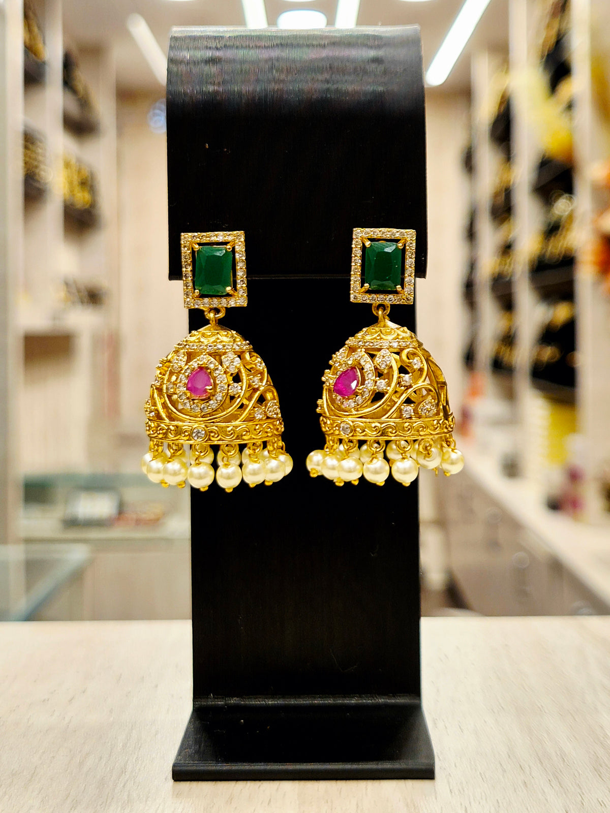 GOLD PLATED A.D AND STONES CHOKER SET (green and maroon)