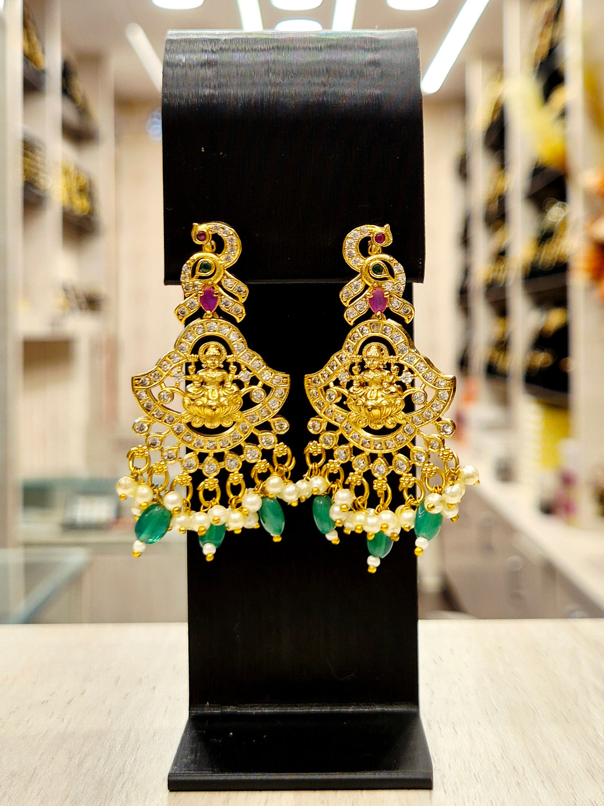 GOLD PLATED A.D AND TEMPLE NECKLACE WITH (maroon and green) STONES