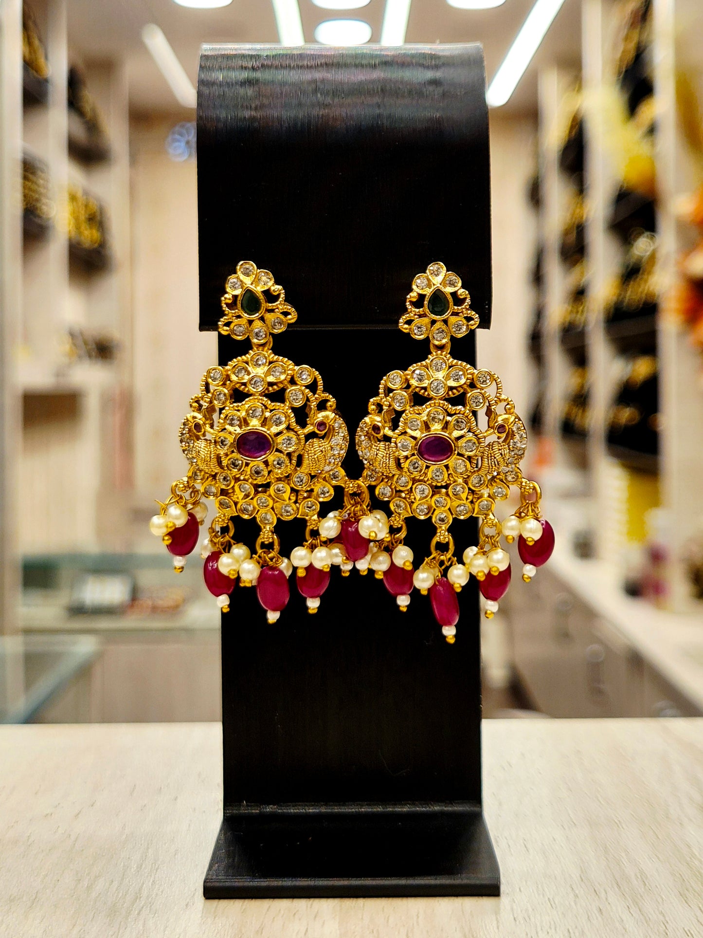 GOLD PLATED TRADITIONAL A.D NECKLACE SET (red and green) PEACOCK DESIGN.