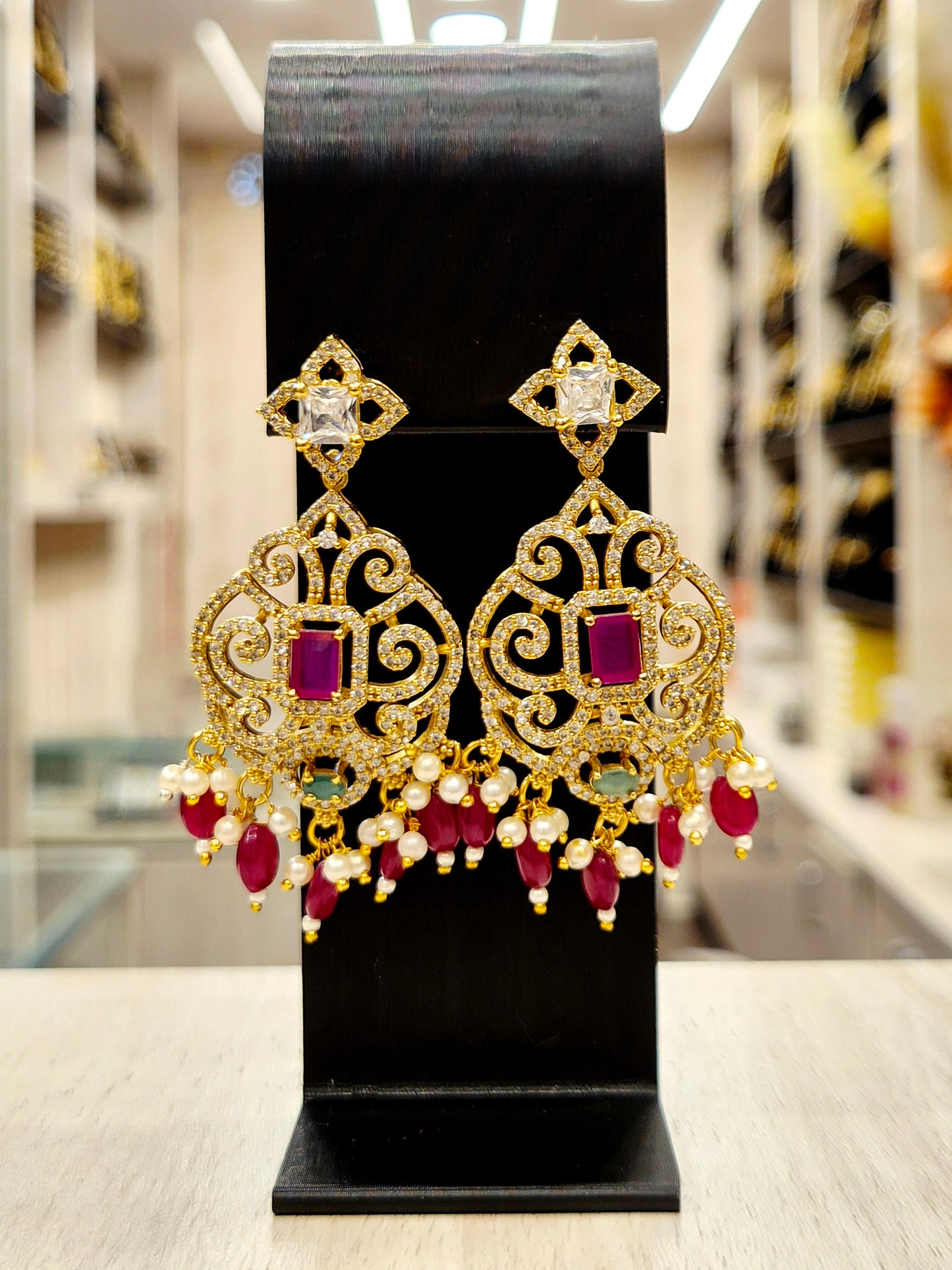 GOLD PLATED A.D AND (MAROON COLOR) BEADS AND STONES NECKLACE
