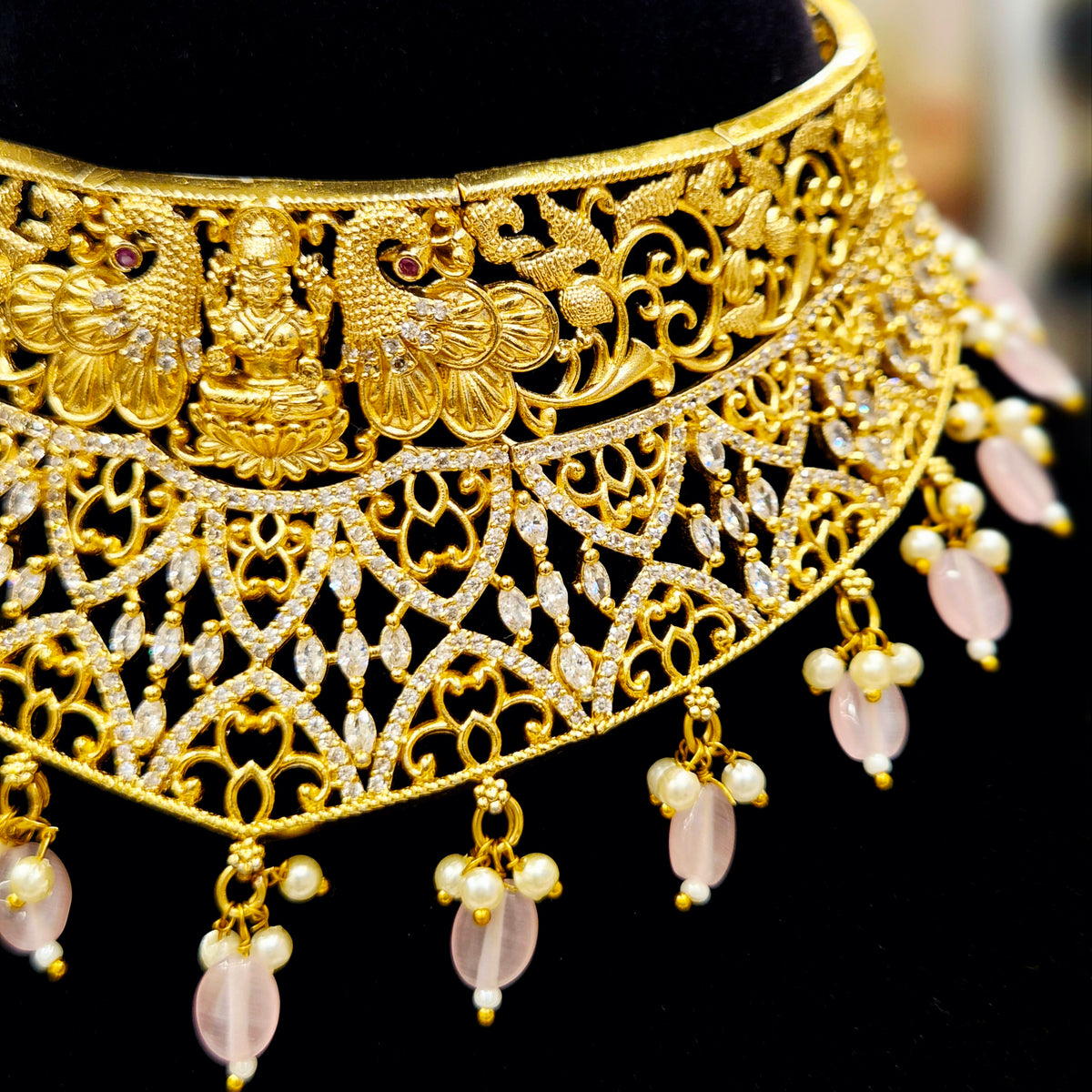 GOLD PLATED A.D TEMPLE CHOKER WITH  PINK BEADS