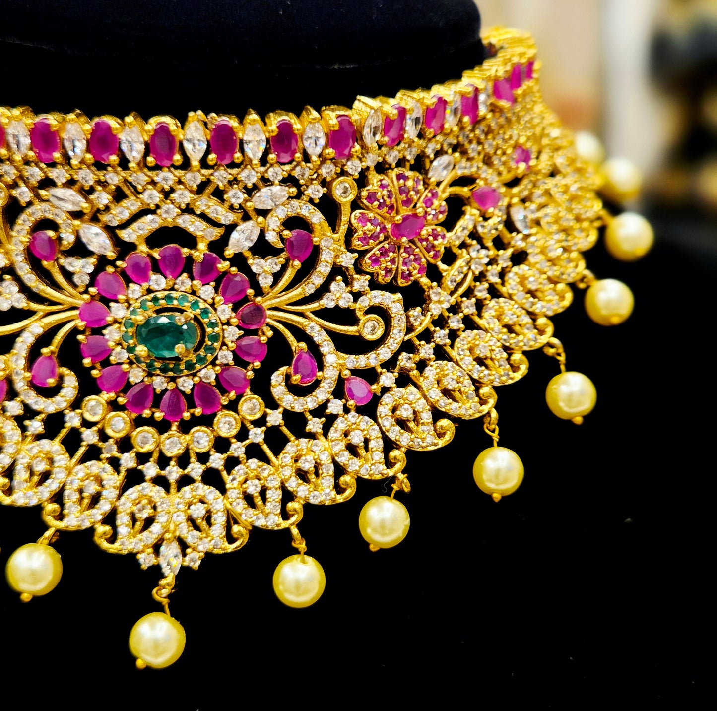 GOLD PLATED A.D TRADITIONAL CHOCKER SET (green and red) STONES WITH WHITE HANGING PEARLS