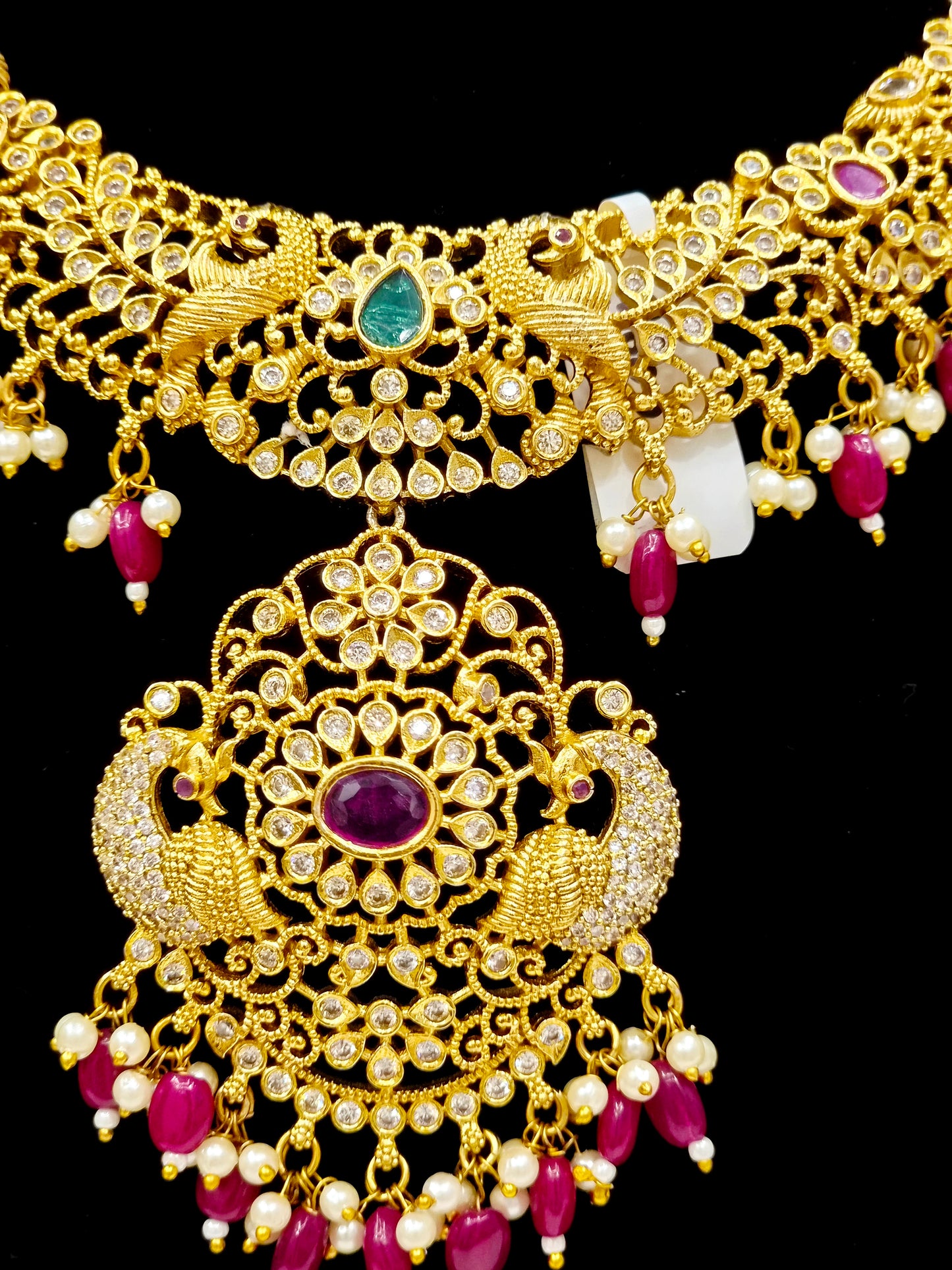 GOLD PLATED TRADITIONAL A.D NECKLACE SET (red and green) PEACOCK DESIGN.