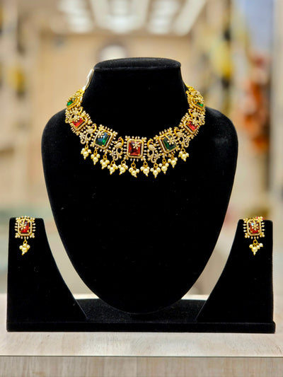 A.D GOLD PLATED NECKLACE WITH RED AND GREEN PREMIUM STONES AND WHITE BEADS
