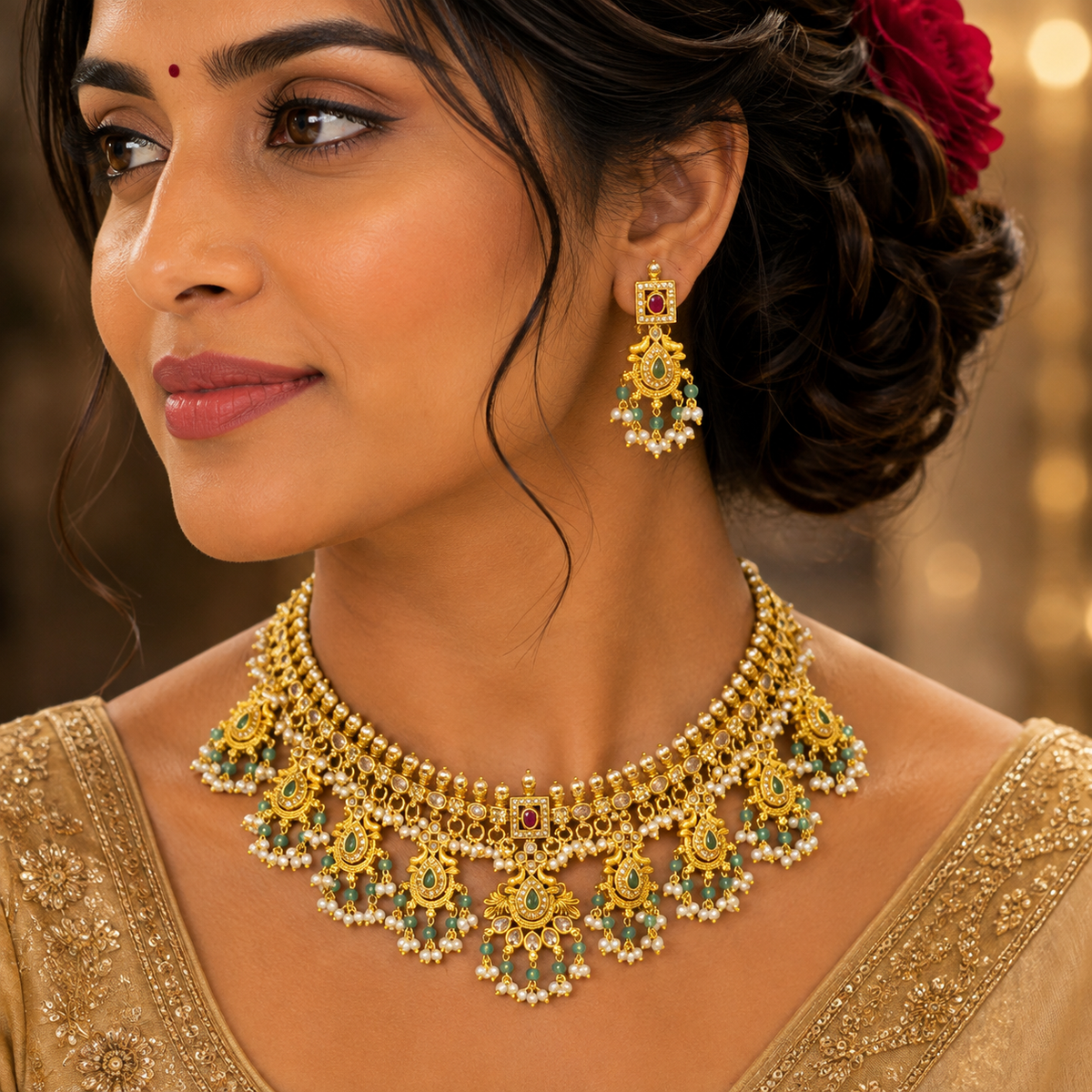 ANTIQUE GOLD PLATED WHITE PEARLS AND GREEN STONES NECKLACE