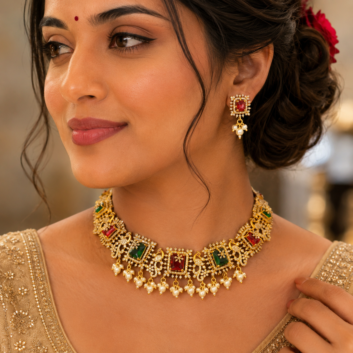 A.D GOLD PLATED NECKLACE WITH RED AND GREEN PREMIUM STONES AND WHITE BEADS