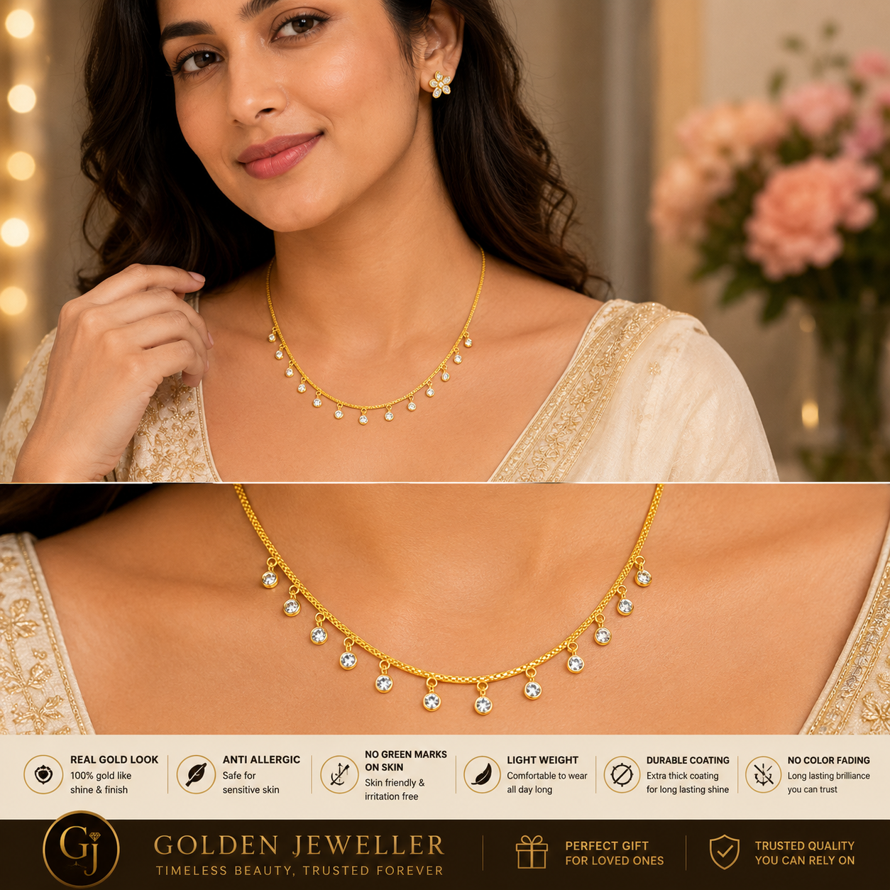 GOLD PLATED ROUND STONE CHARMS CHAIN (white crystals)