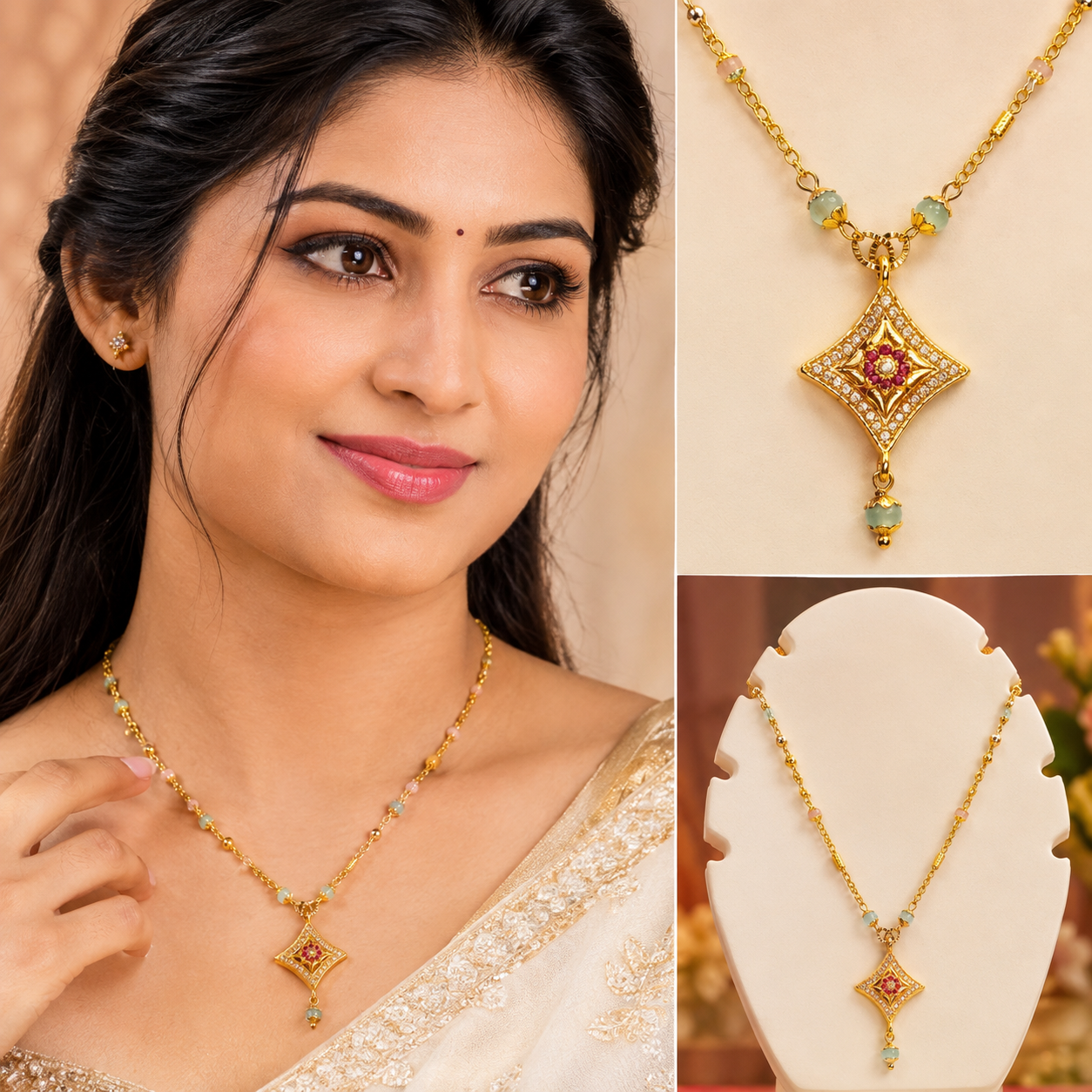 GOLD PLATED CHAIN WITH ( PINK AND MINT ) BEADS WITH SPARKLING PENDANT