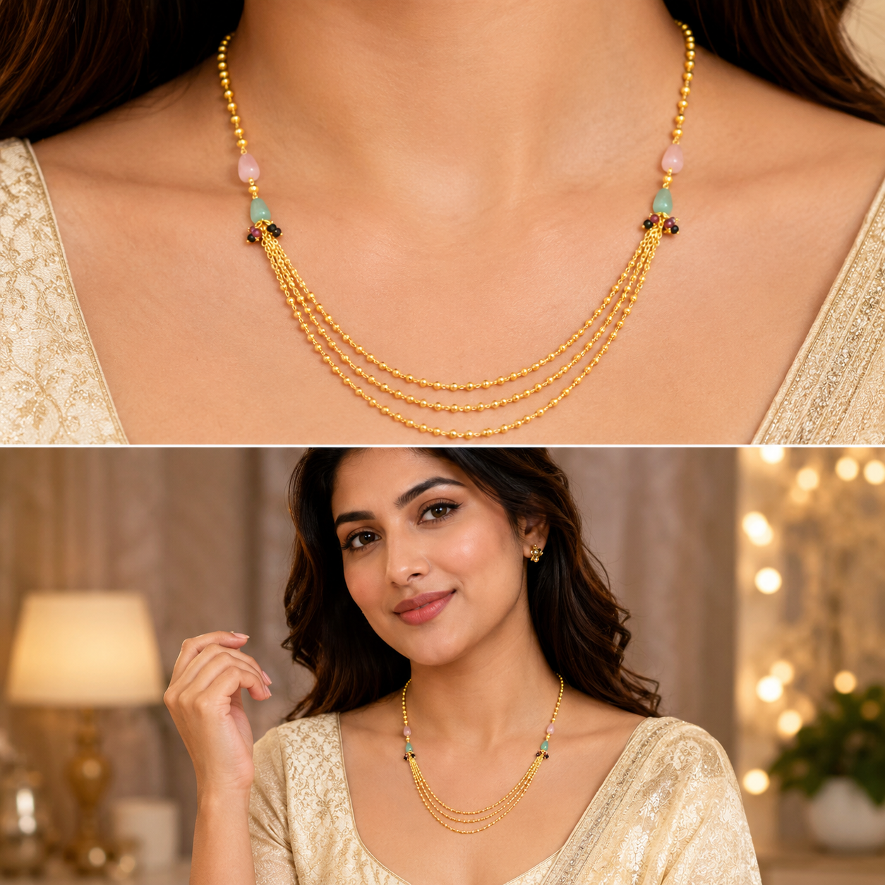 GOLD PLATED 3 LAYER CHAIN WITH ( pink and mint ) COLOR BEADS