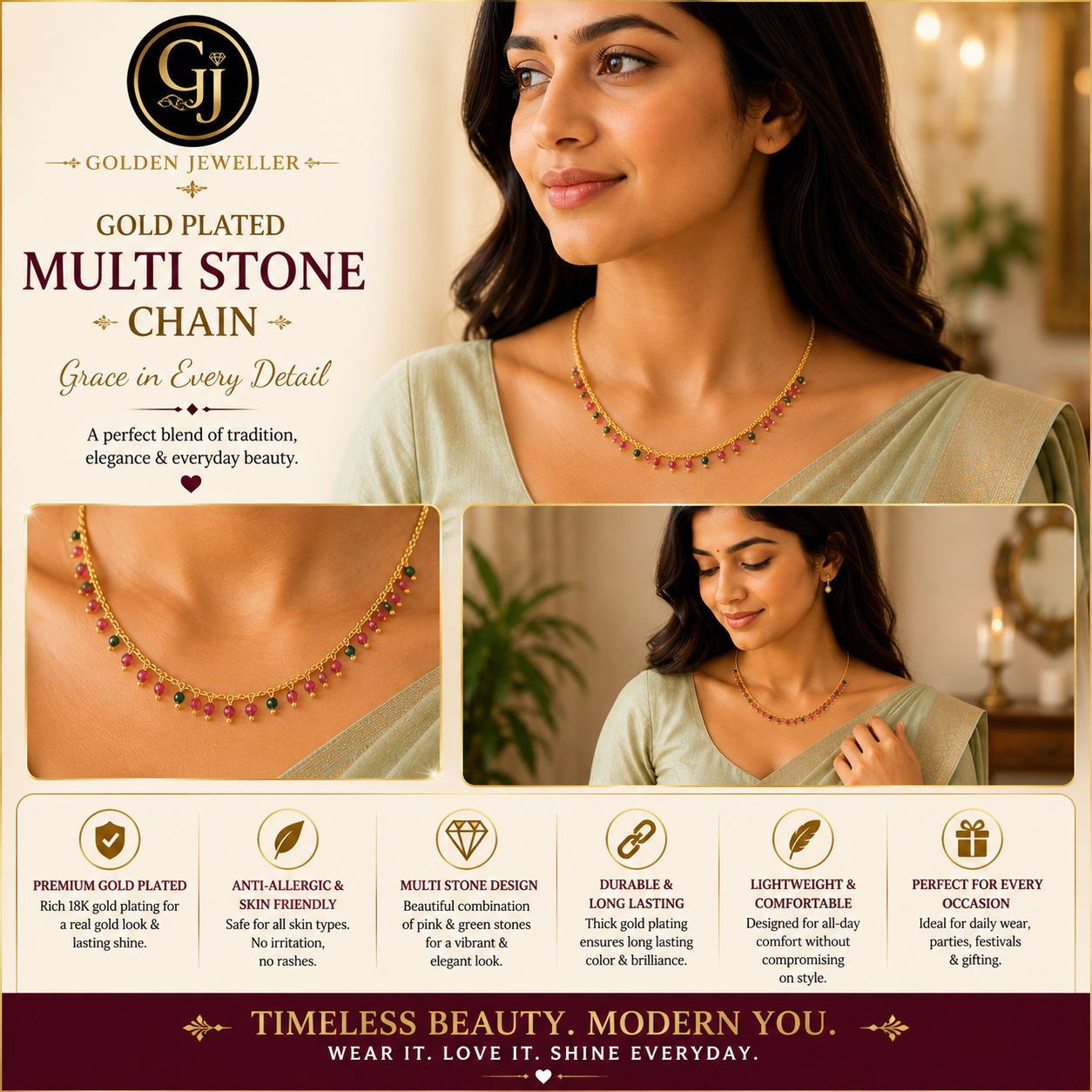 GOLD PLATED ( RED AND GREEN )STONE CHAIN