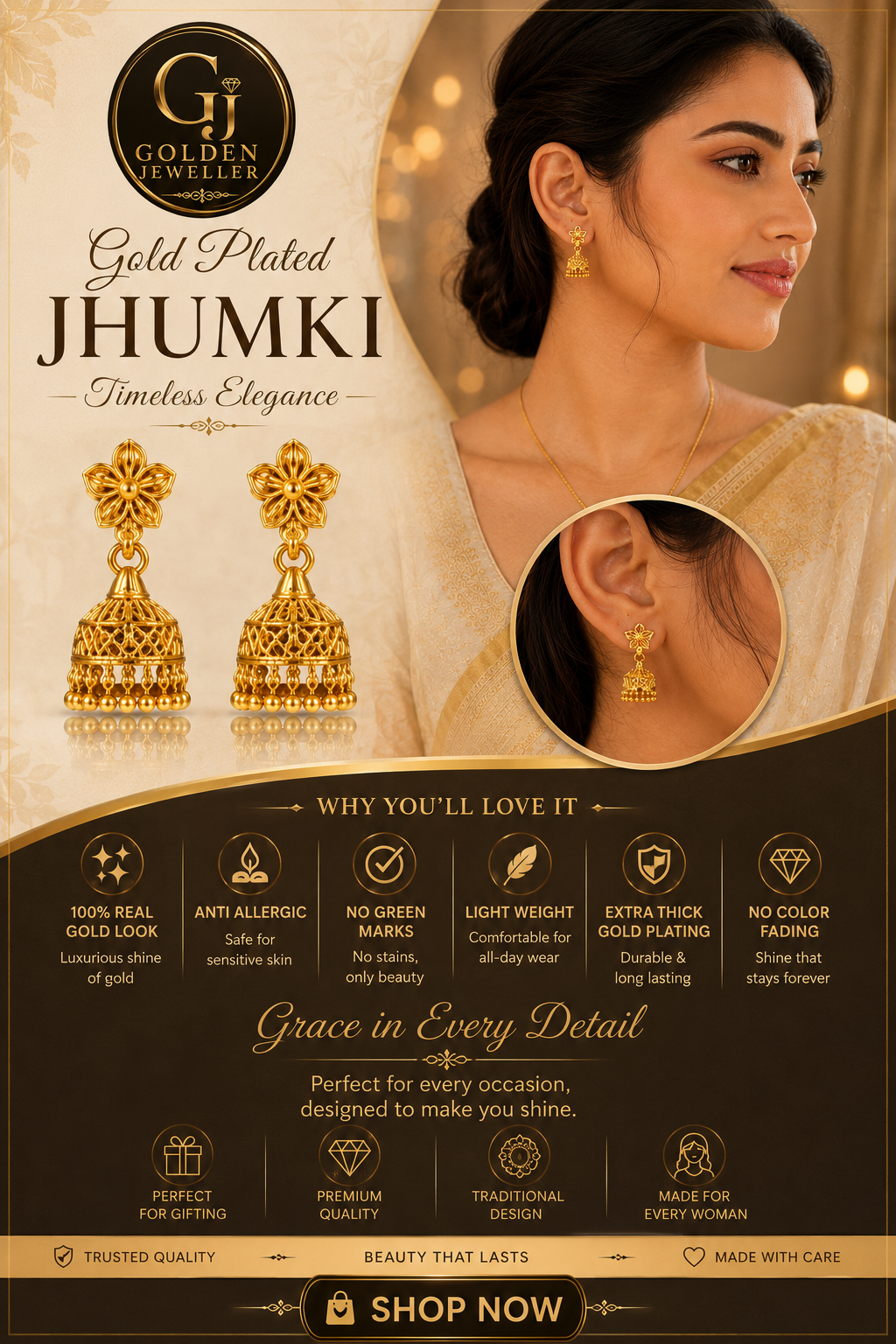 GOLD PLATED TURKISH JHUMKA (medium size
