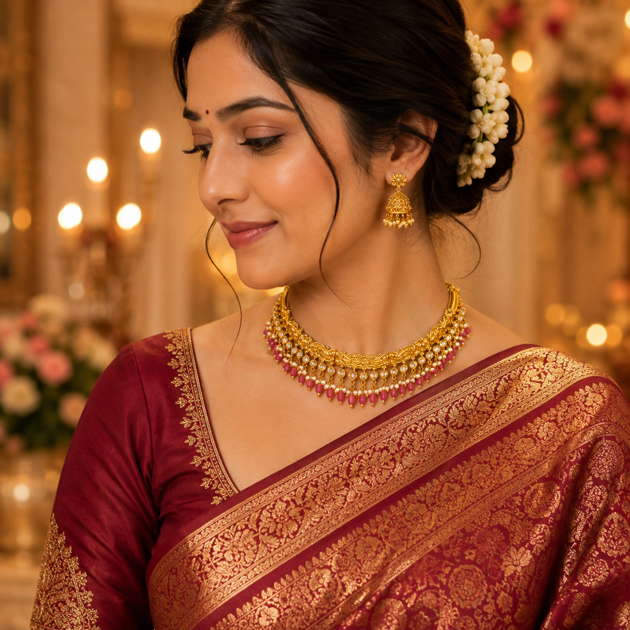 GOLD PLATED KUNDAN HASLI NECKLACE (maroon color)