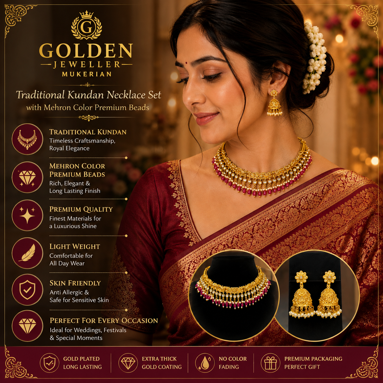 GOLD PLATED KUNDAN HASLI NECKLACE (maroon color)