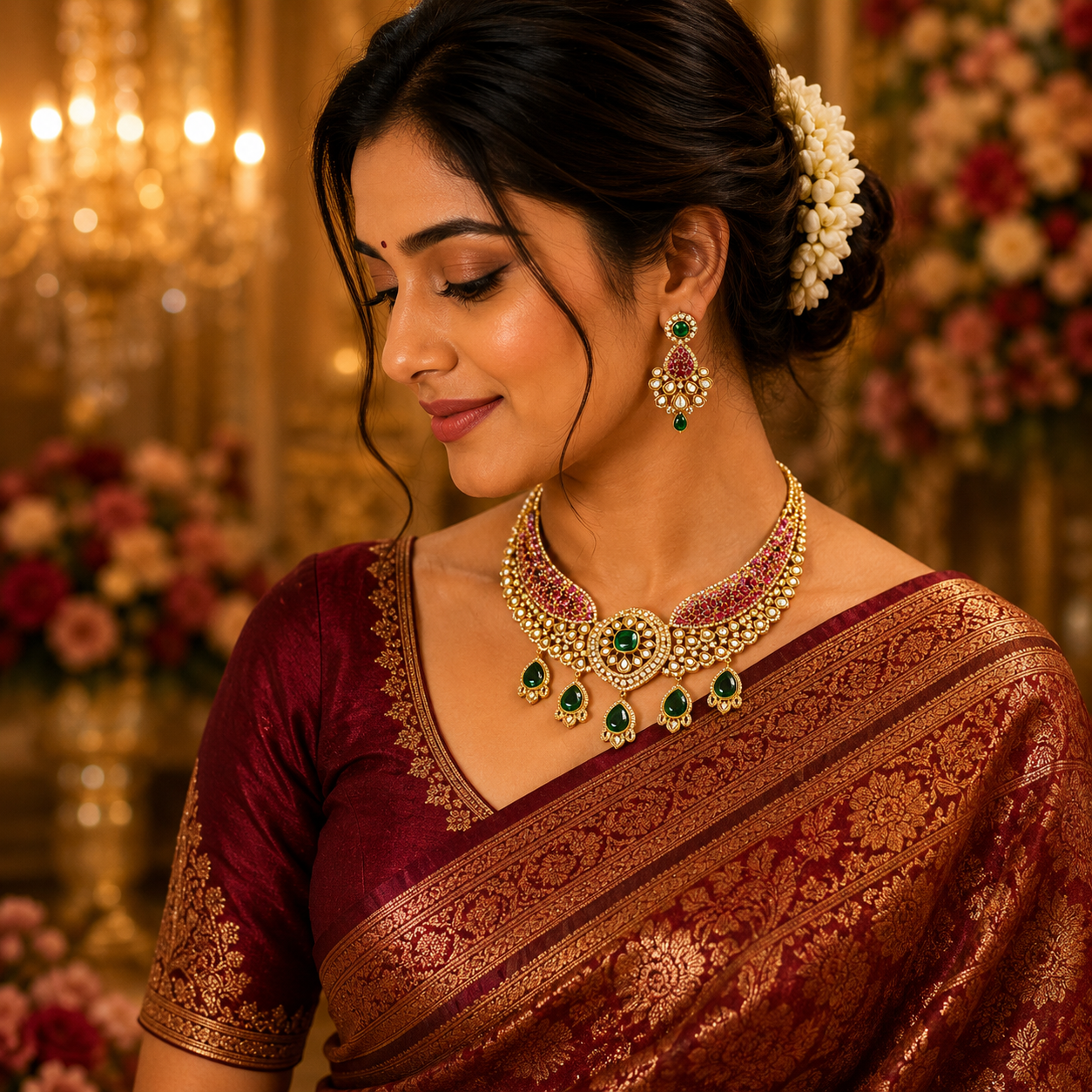 GOLD PLATED PREMIUM KUNDAN NECKLACE (green and maroon)
