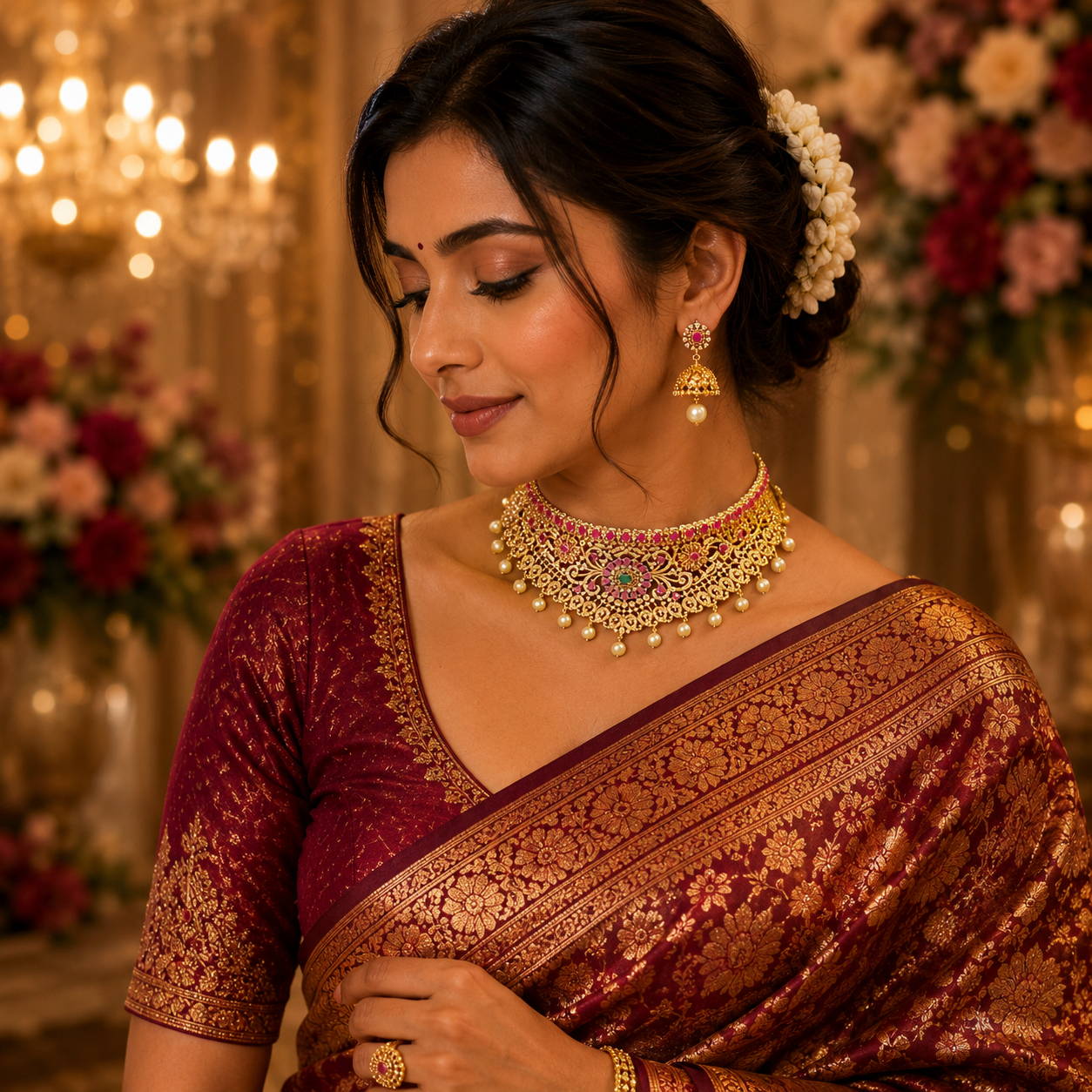 GOLD PLATED A.D TRADITIONAL CHOCKER SET (green and red) STONES WITH WHITE HANGING PEARLS
