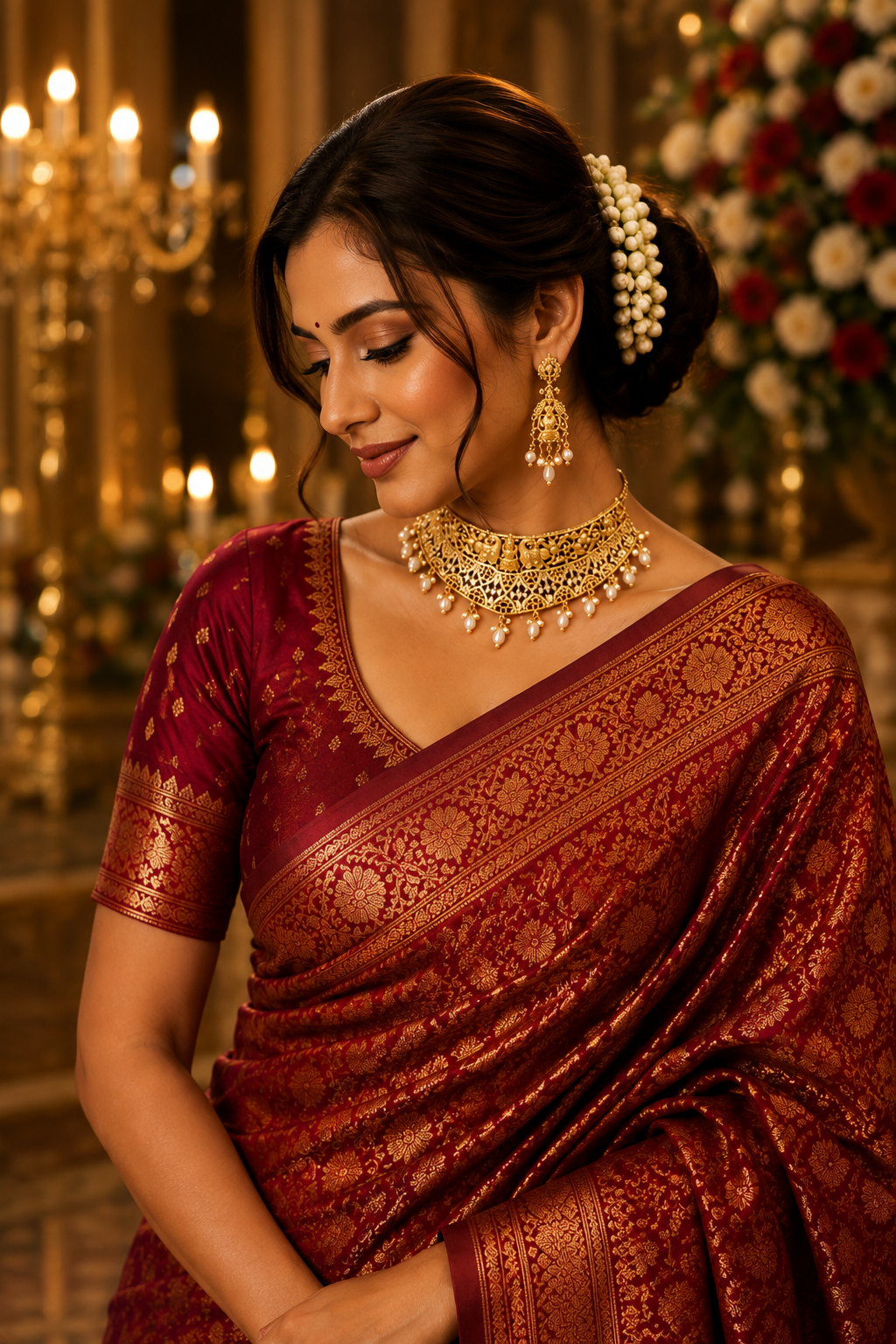 GOLD PLATED A.D TEMPLE CHOKER WITH  PINK BEADS
