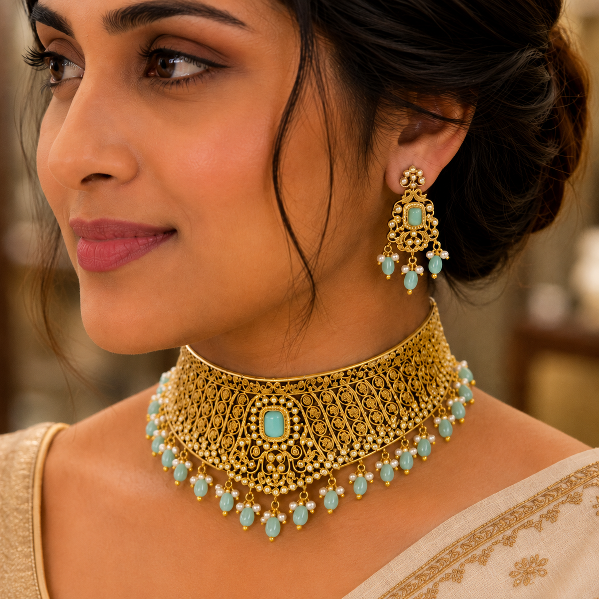 GOLD PLATED A.D  ANTIQUE  CHOKER SET (mint color) BEADS