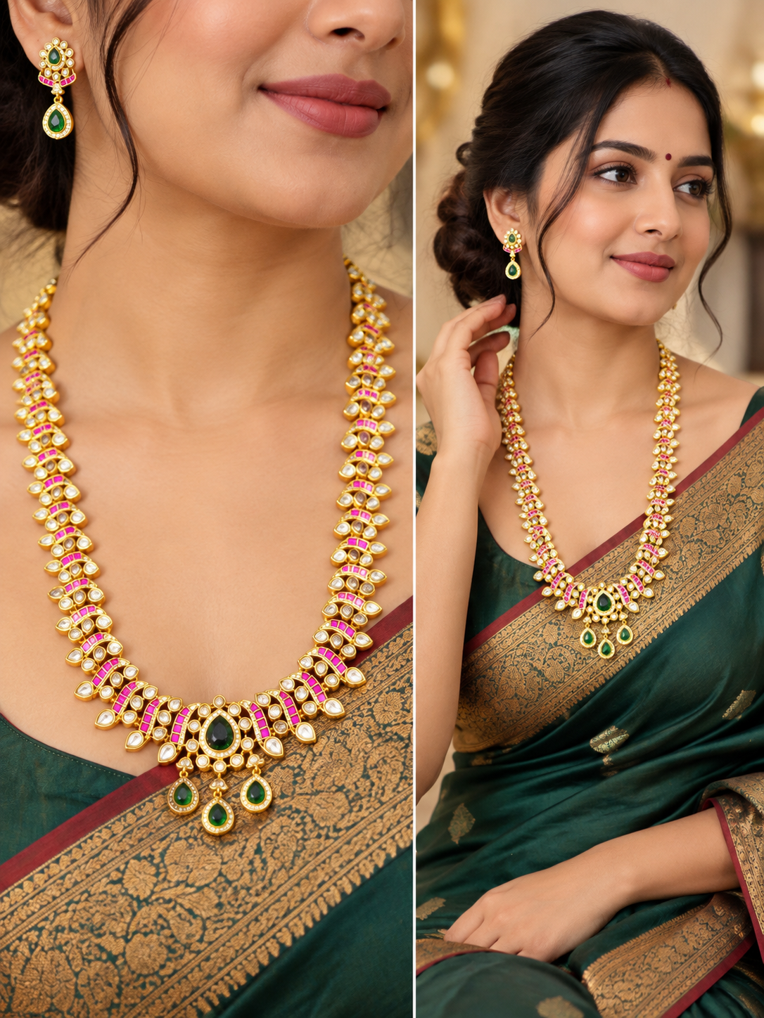 KUNDAN GOLD PLATED  LONG RANIHAR (red & green)