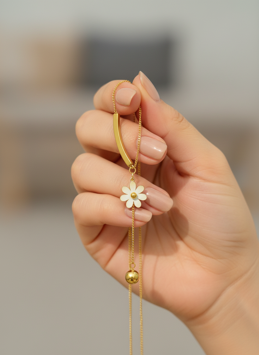 Floral Bar Drop Gold Necklace